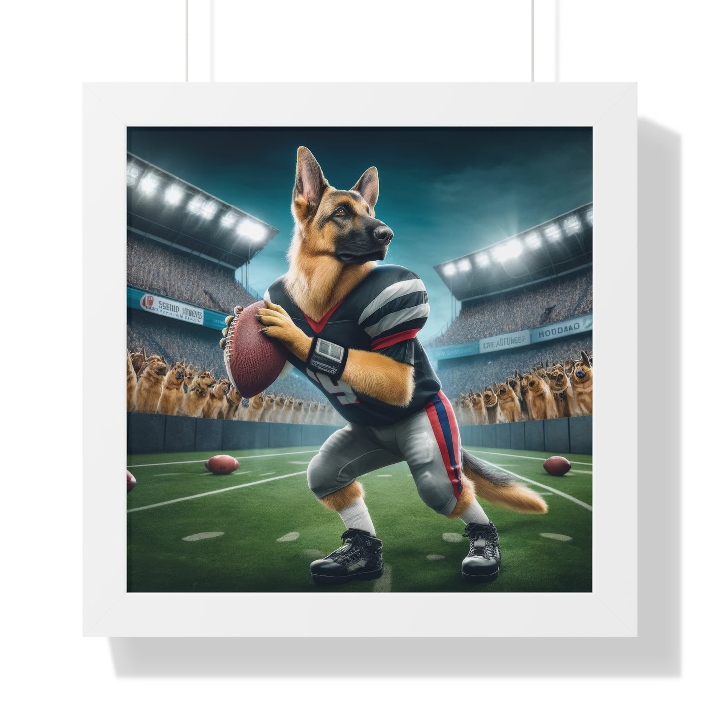 German Shepherd Playing Football Framed Poster Painting 16x16