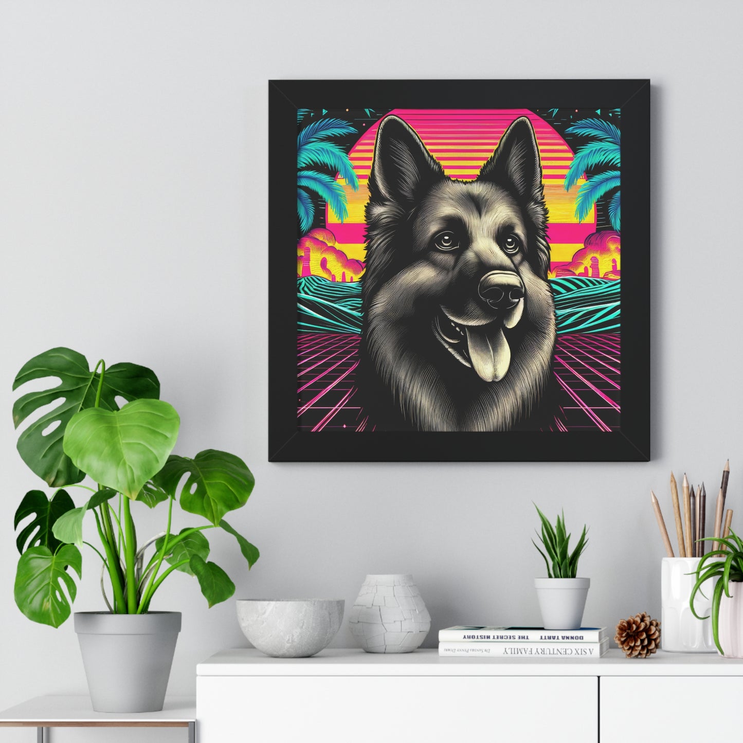 Scratchboard and vaporwave German Shepherd Framed Poster Painting 16x16