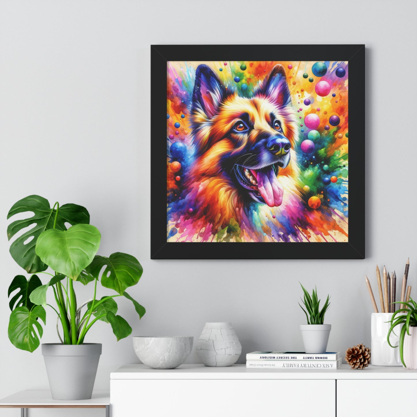 German Shepherd in Watercolor Framed Poster Painting 16x16