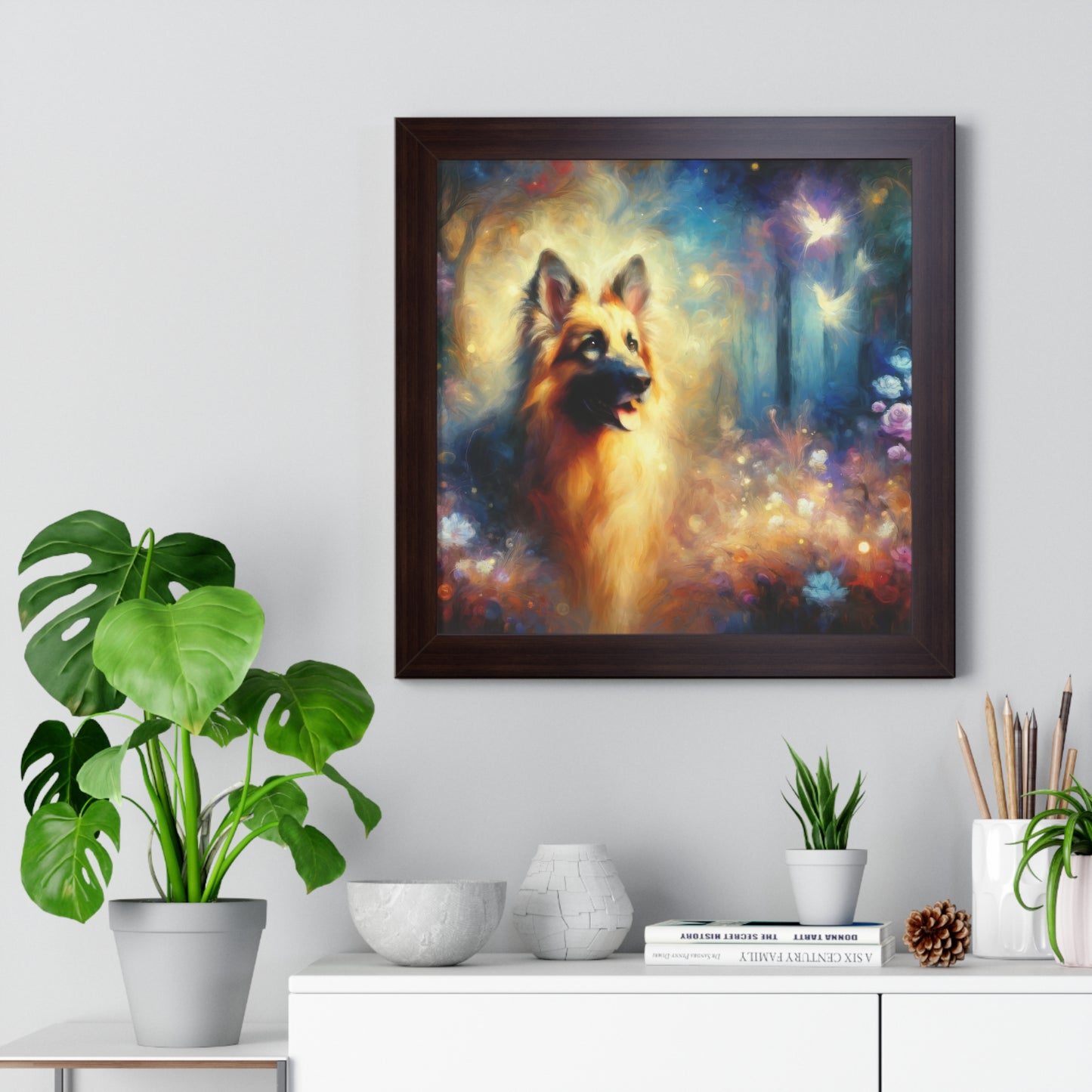 Fairy tale and impressionism German Shepherd Framed Poster Painting 16x16