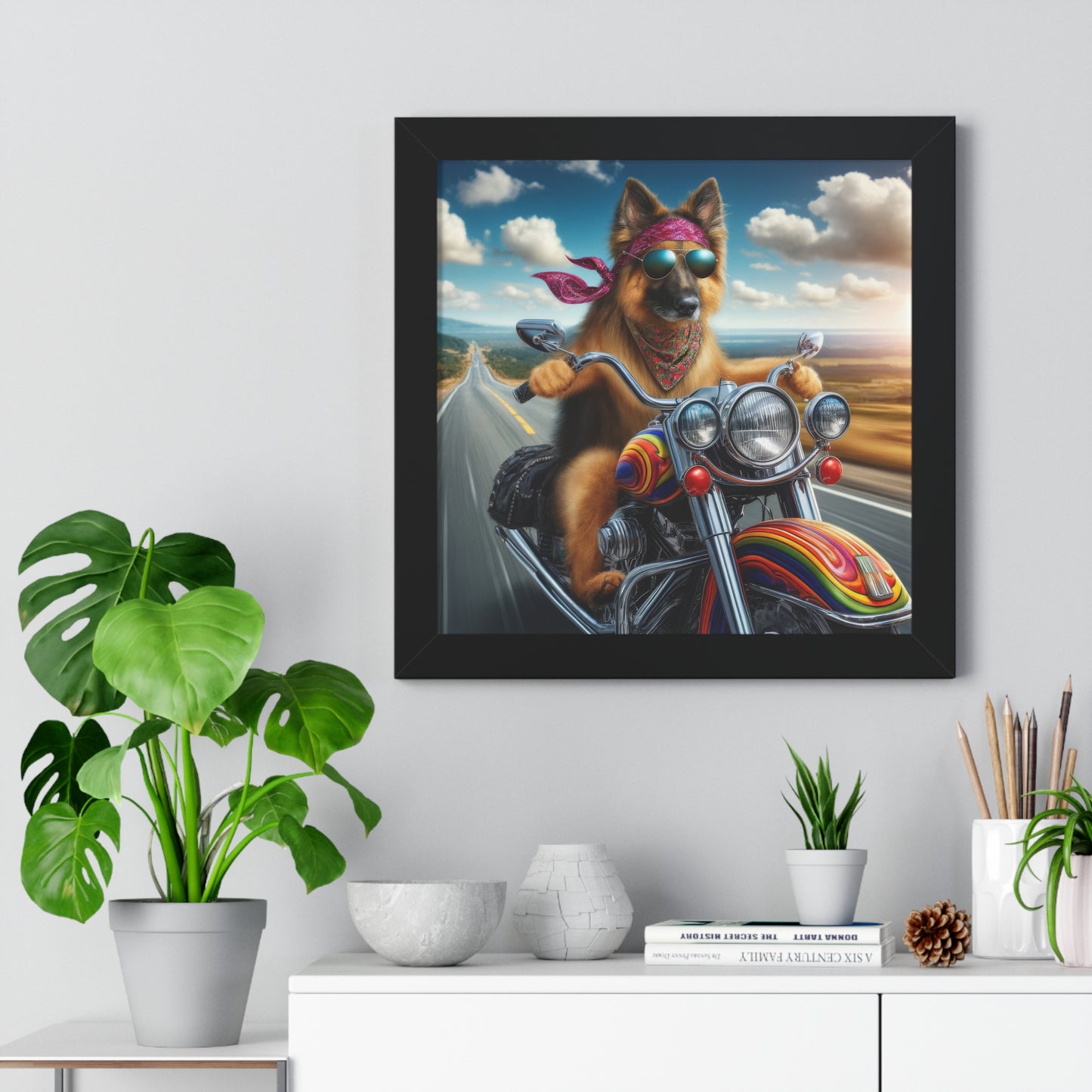 German Shepherd Riding a Motorcycle Framed Poster Painting 16x16