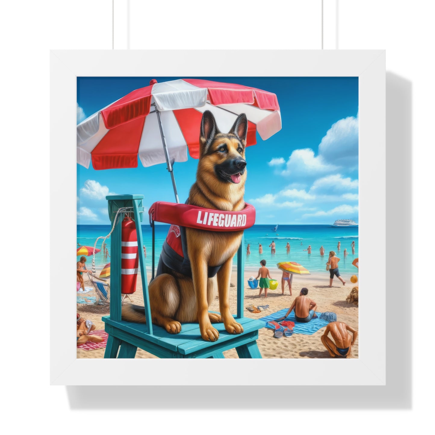 German Shepherd Lifeguard Framed Poster Painting 16x16