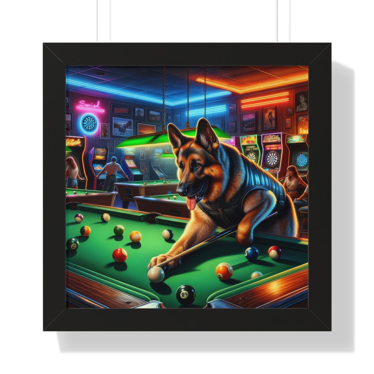 German Shepherd Playing Pool Framed Poster Painting 16x16