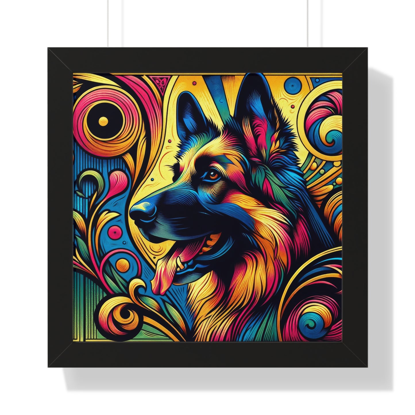 Scratchboard technique German Shepherd Framed Poster Painting 16x16