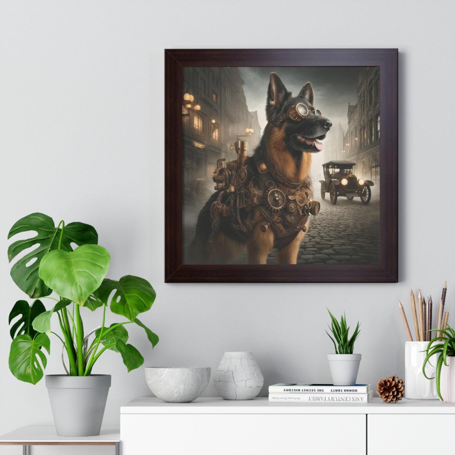 Realism and steampunk German Shepherd Framed Poster Painting 16x16