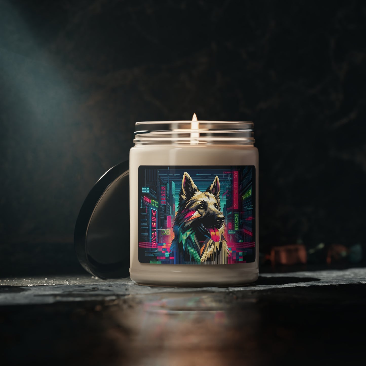 Glitch art German Shepherd Scented Soy Candle, 9oz