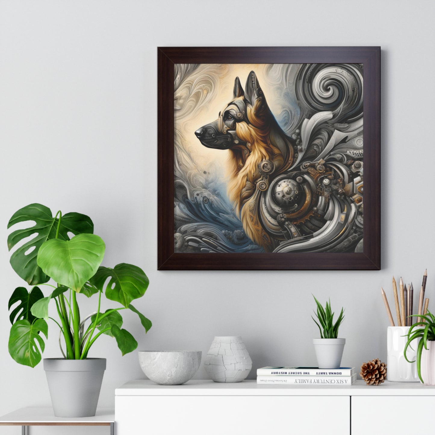 Byzantine, charcoal, and cybernetic German Shepherd Framed Poster Painting 16x16