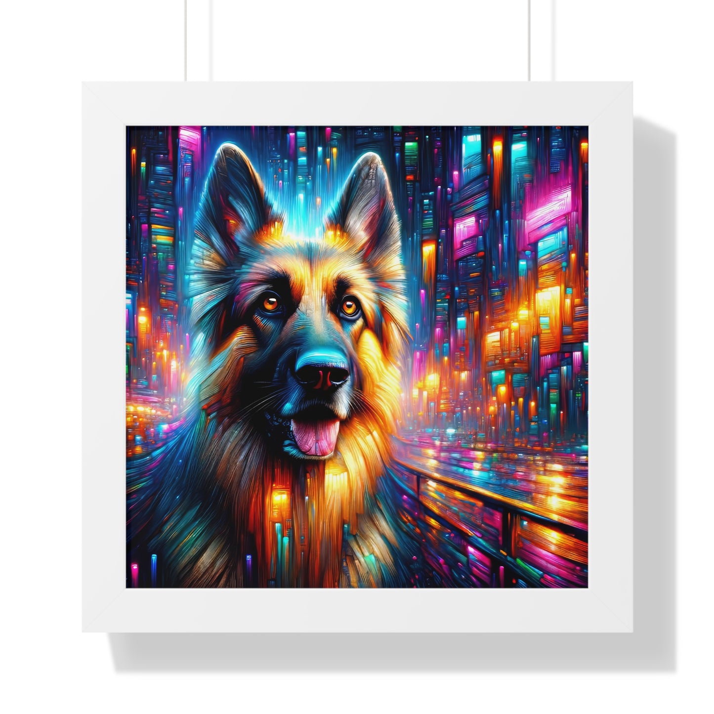 Neon light German Shepherd Framed Poster Painting 16x16