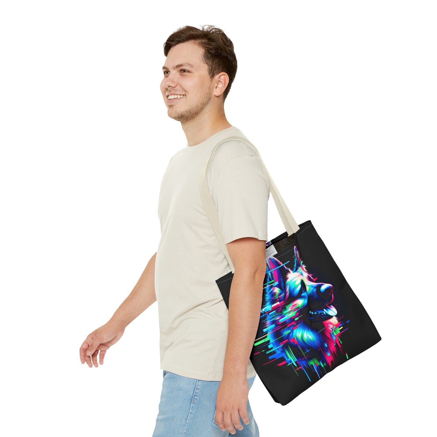 Glitch art and neon graffiti German Shepherd Tote Bag