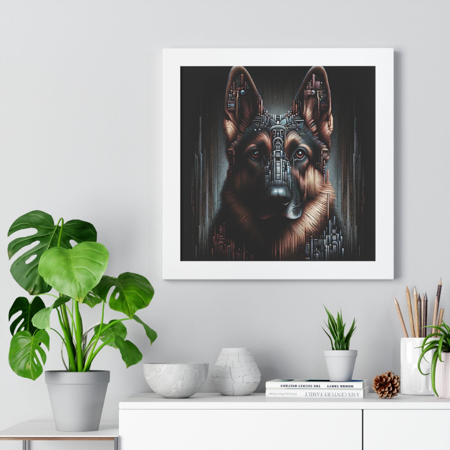 Futuristic German Shepherd Framed Poster Painting 16x16