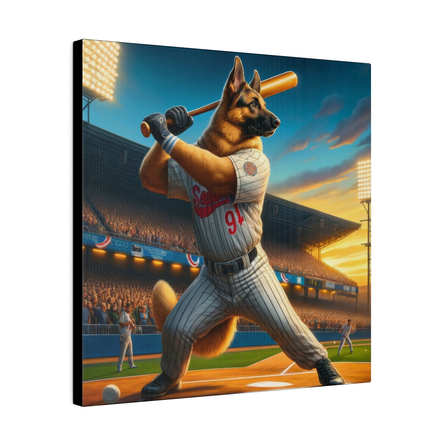German Shepherd Playing Baseball Canvas Painting 16x16