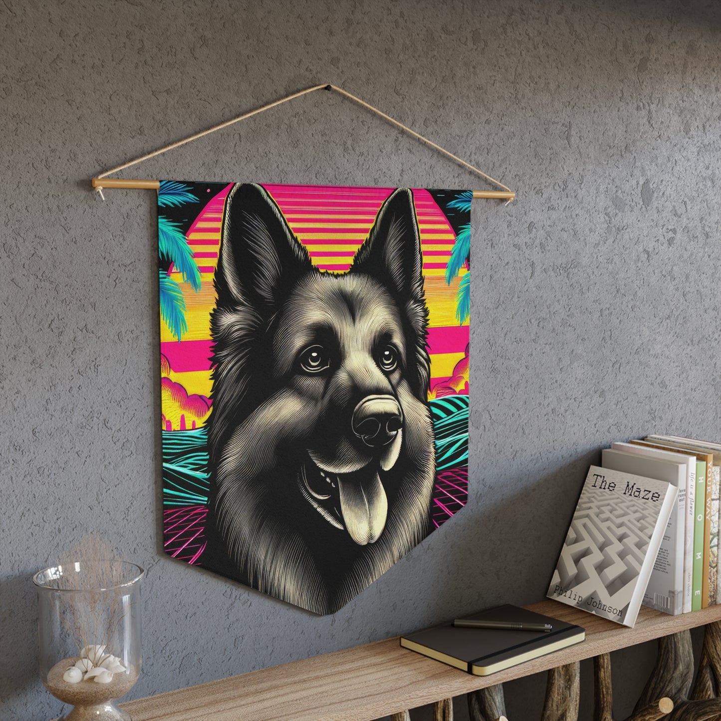 Scratchboard and vaporwave German Shepherd Pennant